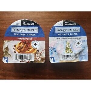 2 Yankee Candle Wax Melt Single Holiday Zest & Snow Globe Wonderland 0.8 Oz Each